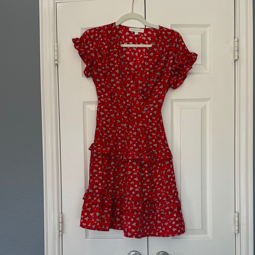 Vibrant Red Floral Mini Dress - Picture 2 of 8